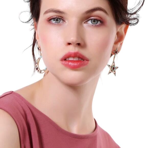 Bijoux Star Crescent Moon Mismatched Gold Tone Multicolor Dangle Earrings NWT - Picture 13 of 14